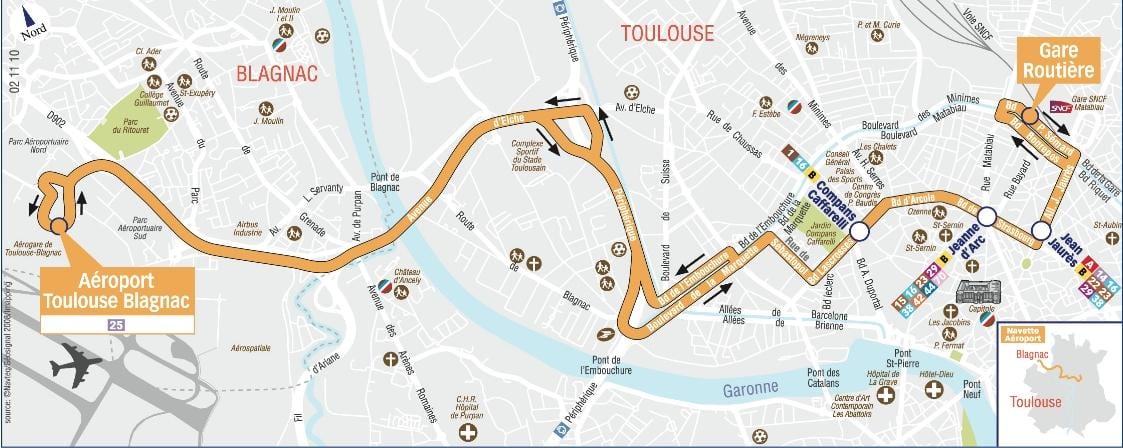 kaart Toulouse airport shuttle marsruut 